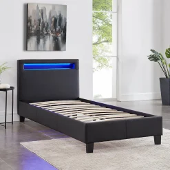 Lit LED simple LUCENO 90x190 cm, avec sommier, revêtement synthétique noir><noscript><img width=