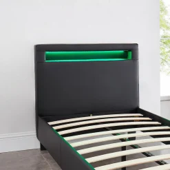 Lit LED simple LUCENO 90x190 cm, avec sommier, revêtement synthétique noir><noscript><img width=