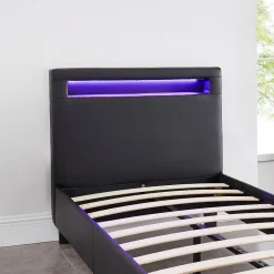 Lit LED simple LUCENO 90x190 cm, avec sommier, revêtement synthétique noir><noscript><img width=