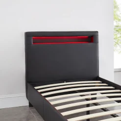 Lit LED simple LUCENO 90x190 cm, avec sommier, revêtement synthétique noir><noscript><img width=