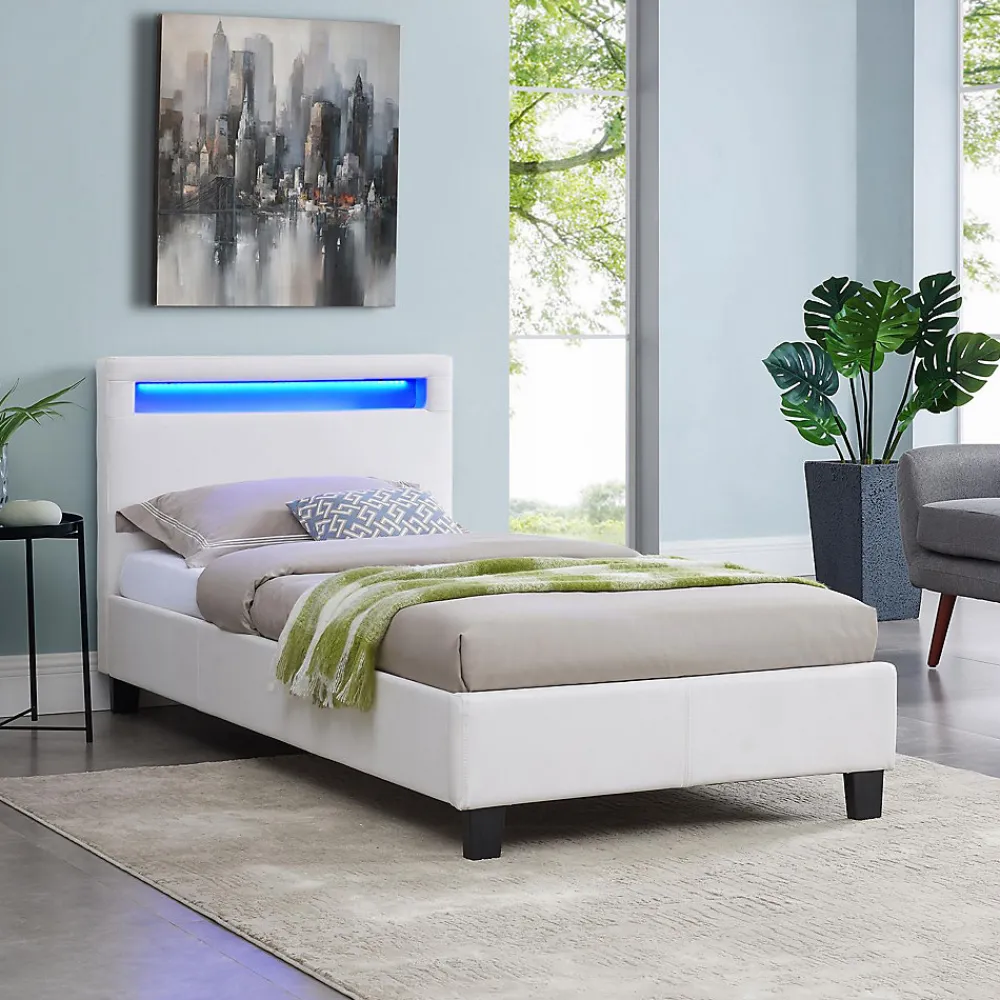 Lit LED simple LUCENO 90x190 cm, avec sommier, revêtement synthétique blanc>Idimex Sale