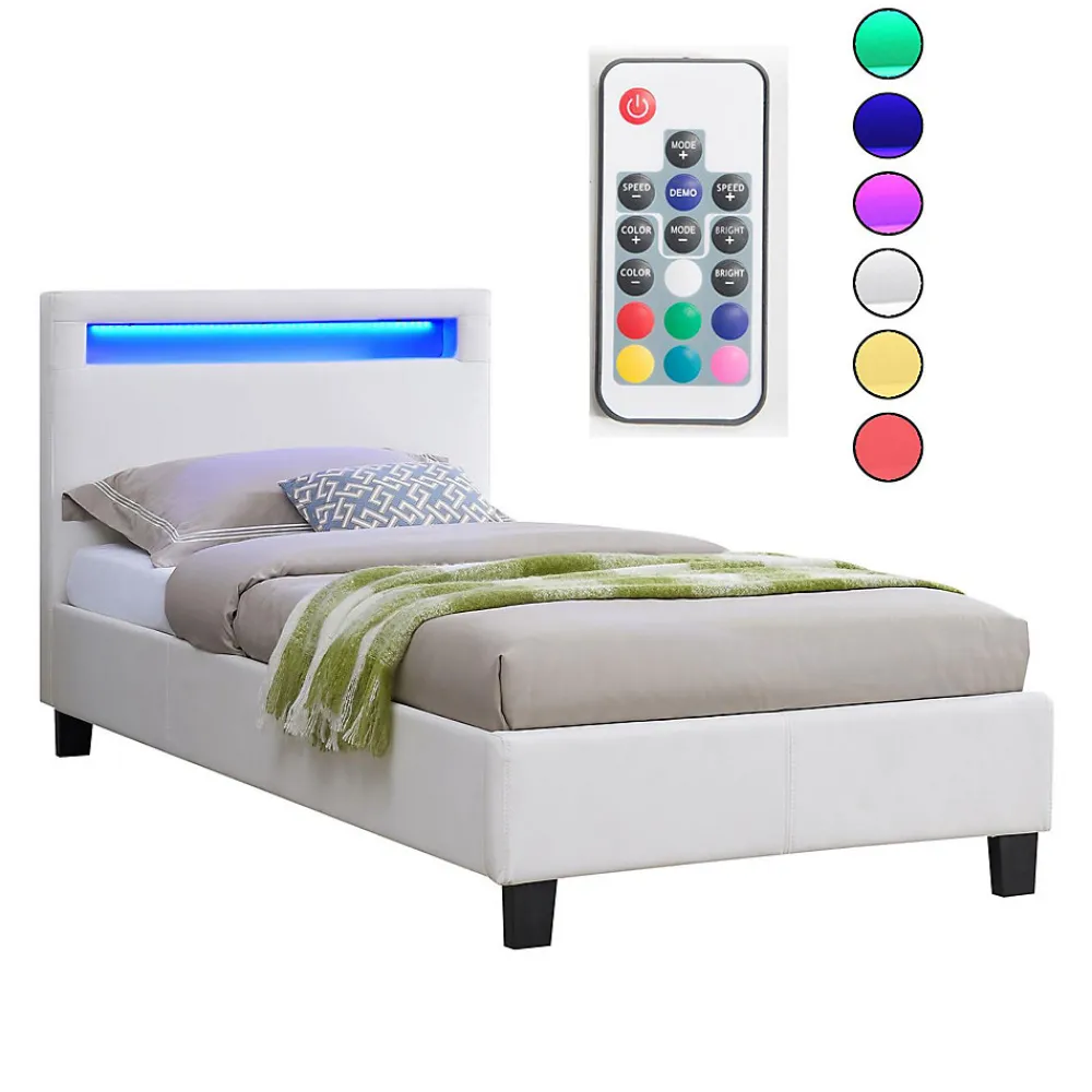 Lit LED simple LUCENO 90x190 cm, avec sommier, revêtement synthétique blanc>Idimex Sale