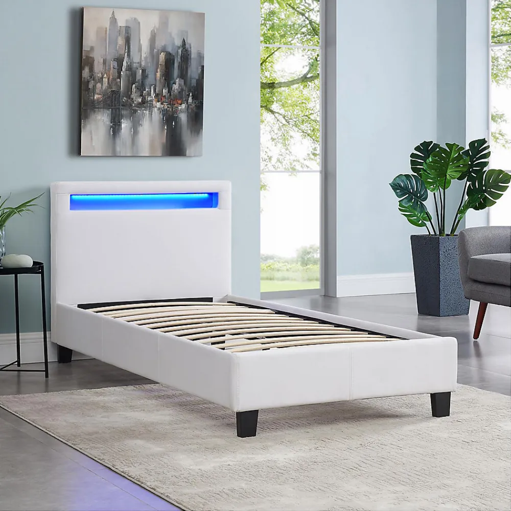 Lit LED simple LUCENO 90x190 cm, avec sommier, revêtement synthétique blanc>Idimex Sale
