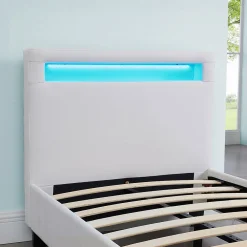 Lit LED simple LUCENO 90x190 cm, avec sommier, revêtement synthétique blanc><noscript><img width=