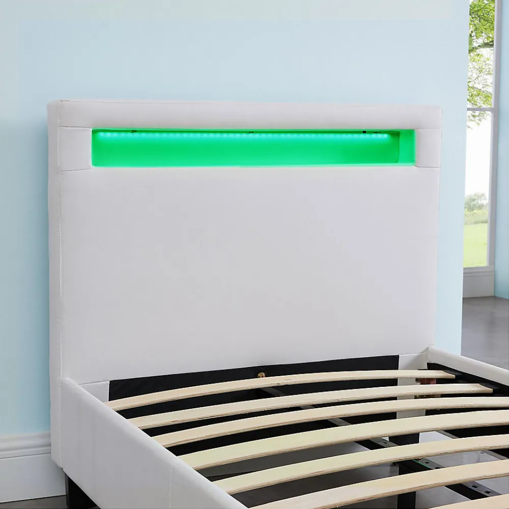 Lit LED simple LUCENO 90x190 cm, avec sommier, revêtement synthétique blanc>Idimex Sale