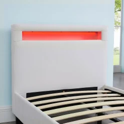 Lit LED simple LUCENO 90x190 cm, avec sommier, revêtement synthétique blanc><noscript><img width=