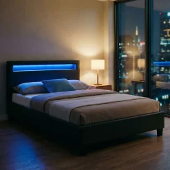 Lit LED simple MIRANDO 120x190 cm, avec sommier, revêtement synthétique noir><noscript><img width=