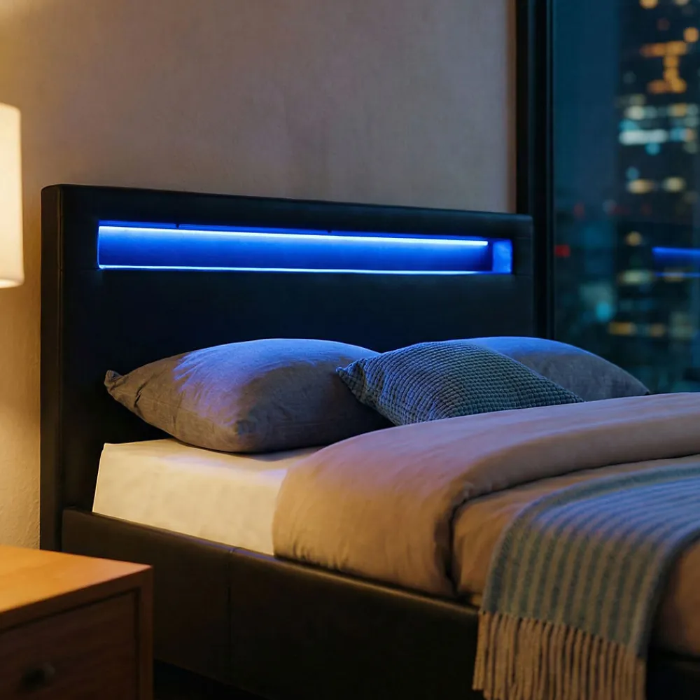 Lit LED simple MIRANDO 120x190 cm, avec sommier, revêtement synthétique noir>Idimex Clearance