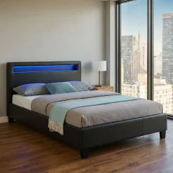 Lit LED simple MIRANDO 120x190 cm, avec sommier, revêtement synthétique noir><noscript><img width=
