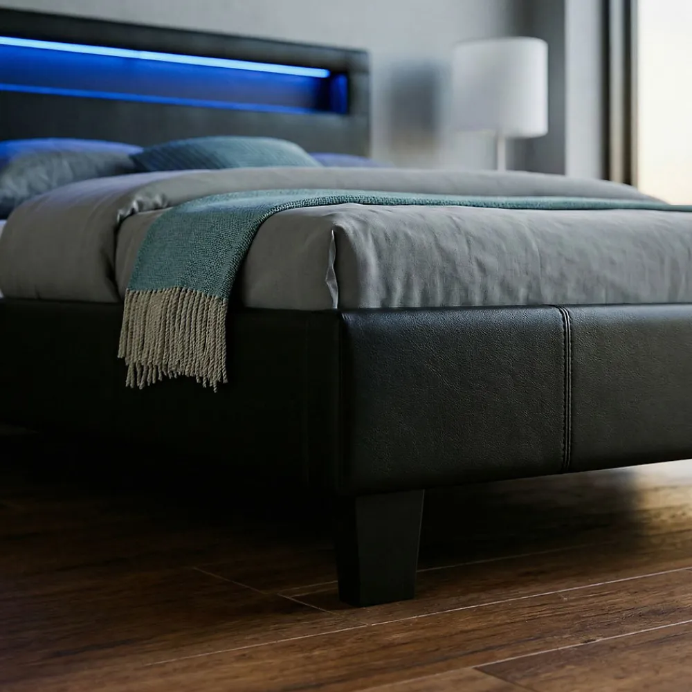 Lit LED simple MIRANDO 120x190 cm, avec sommier, revêtement synthétique noir>Idimex Clearance