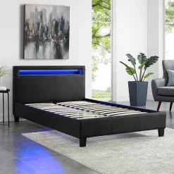 Lit LED simple MIRANDO 120x190 cm, avec sommier, revêtement synthétique noir><noscript><img width=