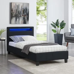 Lit LED simple MOLINA 90x190 cm, avec sommier, revêtement tissu noir>Idimex Online