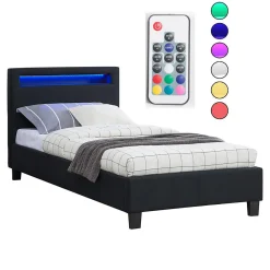 Lit LED simple MOLINA 90x190 cm, avec sommier, revêtement tissu noir><noscript><img width=
