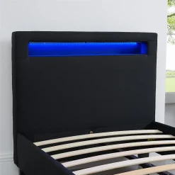 Lit LED simple MOLINA 90x190 cm, avec sommier, revêtement tissu noir><noscript><img width=