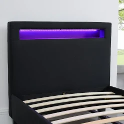 Lit LED simple MOLINA 90x190 cm, avec sommier, revêtement tissu noir><noscript><img width=
