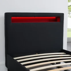 Lit LED simple MOLINA 90x190 cm, avec sommier, revêtement tissu noir><noscript><img width=