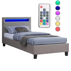 Idimex Lit LED simple MOLINA 90x190 cm, avec sommier, revêtement tissu gris* Lit Simple