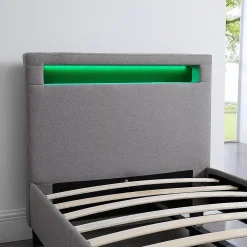 Idimex Lit LED simple MOLINA 90x190 cm, avec sommier, revêtement tissu gris* Lit Simple