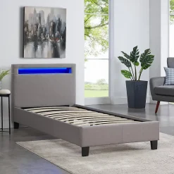 Idimex Lit LED simple MOLINA 90x190 cm, avec sommier, revêtement tissu gris* Lit Simple