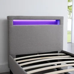Idimex Lit LED simple MOLINA 90x190 cm, avec sommier, revêtement tissu gris* Lit Simple