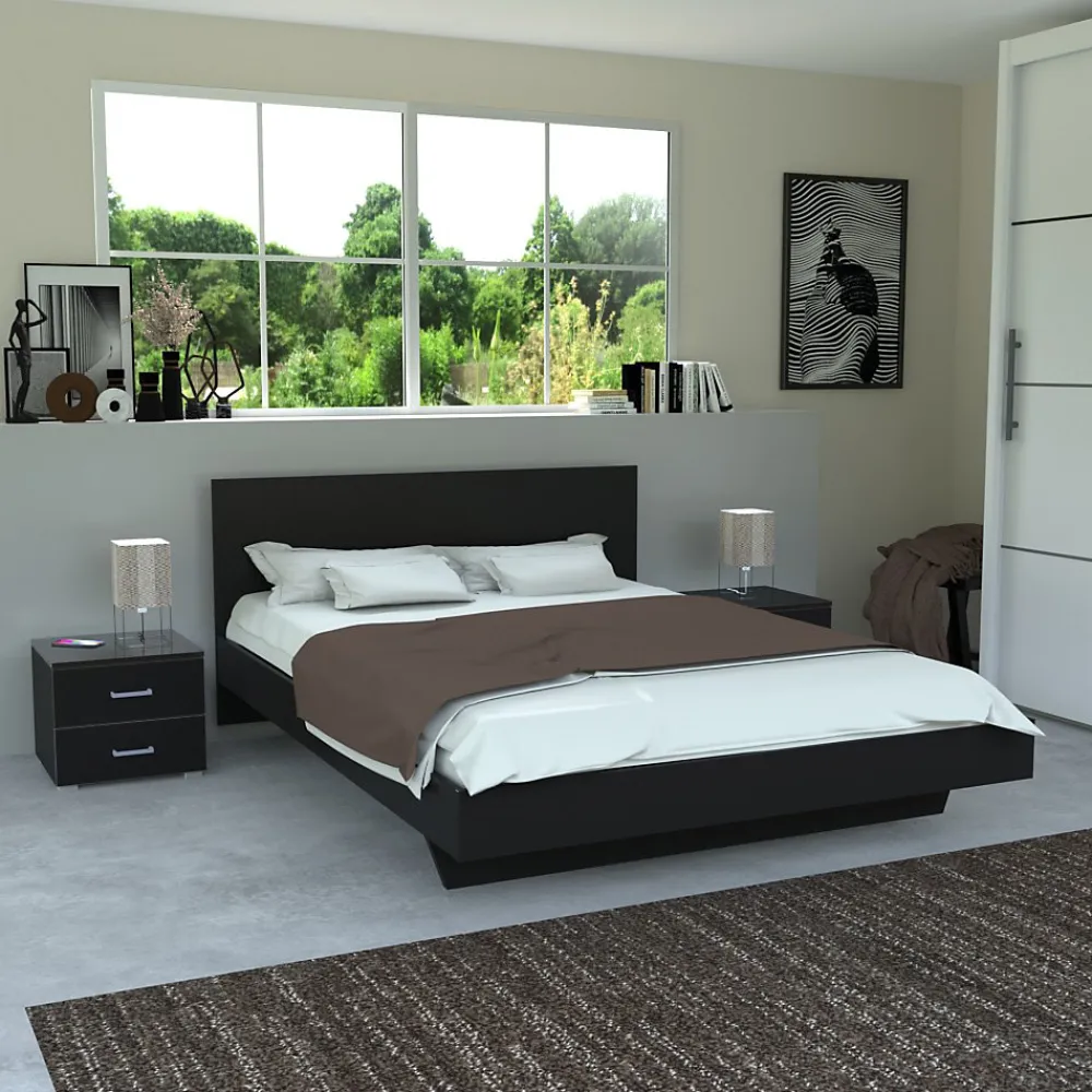 Weber Industries Lit LOFT 160x200 + 2 chevets + sommier + tête de lit / Noir* Lit Double