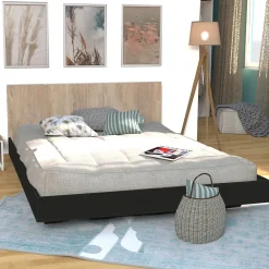 Weber Industries Lit LOFT 160x200 + 1 sommier + tête de lit / Décor Noir & chêne blanchi* Lit Double