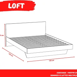 Weber Industries Lit LOFT 140x190 + 1 sommier + tête de lit / Décor Chêne blanchi* Lit Double