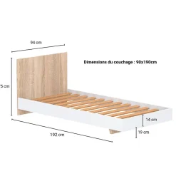 Weber Industries Lit LOFT 90x190 cm + sommier / Décor Blanc & chêne blanchi* Lit Simple