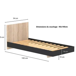 Lit LOFT 90x190 cm + sommier / Décor Noir & chêne blanchi><noscript><img width=