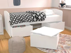 Vente-unique Lit LOUANE avec 2 tiroirs et 1 coffre de rangement - 90 x 190 cm - Blanc* Lit Avec Rangement