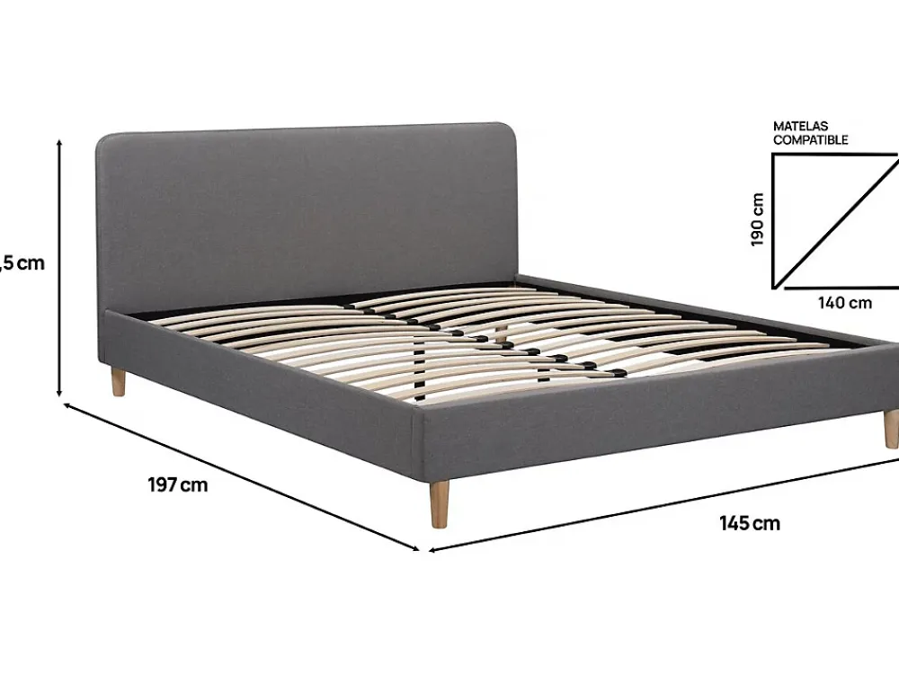 Habitat Et Jardin Lit louise 203 x 148 x 90 cm en tissu cadre a lattes pour 2 personnes de couleur gris* Lit Coffre
