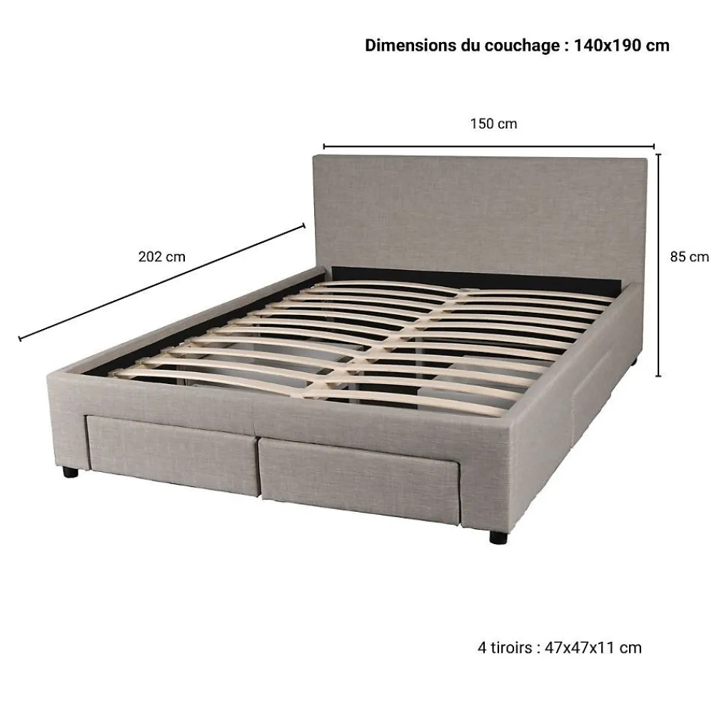 Weber Industries Lit LUGANO 140x190 + 1 sommier + 4 tiroirs / Gris clair* Lit Avec Rangement