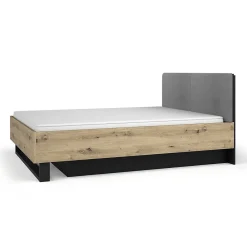 Meublorama Lit MELODY 160x200 cm Tete de lit rembourrée Noir graphite et chene clair Sommier et matelas non inclus* Lit Double