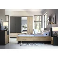 Meublorama Lit MELODY 160x200 cm Tete de lit rembourrée Noir graphite et chene clair Sommier et matelas non inclus* Lit Double