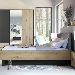 Meublorama Lit MELODY 160x200 cm Tete de lit rembourrée Noir graphite et chene clair Sommier et matelas non inclus* Lit Double