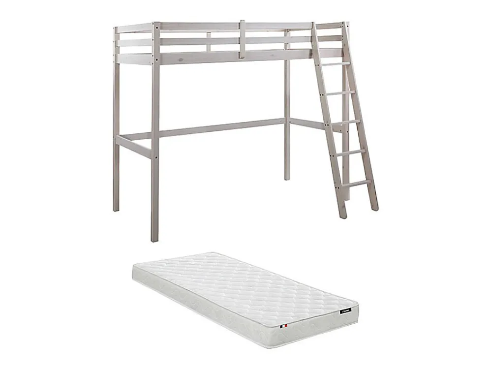 Vente-unique Lit mezzanine - 90 x 190 cm - Pin massif - Blanchi + matelas - GEDEON II* Lit Mezzanine