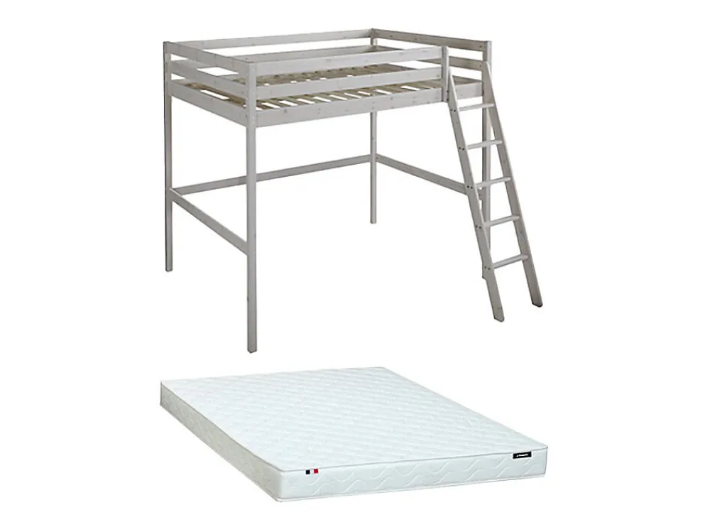 Lit mezzanine - 140 x 190 cm - Pin massif - Blanchi + matelas -GEDEON II>Vente-unique Online