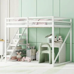 Lit Mezzanine - Lit enfant 140x200 cm avec Escalier Sécurisé, Structure Robuste MDF et Bois de Pin, Couleur Blanc><noscript><img width=
