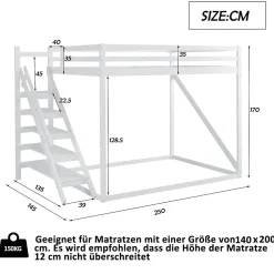 Lit Mezzanine - Lit enfant 140x200 cm avec Escalier Sécurisé, Structure Robuste MDF et Bois de Pin, Couleur Blanc><noscript><img width=