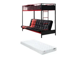 Lit mezzanine 90 x 190 cm - Avec banquette convertible - Métal - Noir et Rouge + Futon + Matelas - MODULO V><noscript><img width=