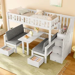 Lit Mezzanine 90 x 200 cm - avec Bureau et Lit Supplémentaire 2-en-1, Échelle de Rangement - Pin et MDF - Sans Matelas - Blanc>Okwish Online