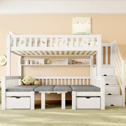 Lit Mezzanine 90 x 200 cm - avec Bureau et Lit Supplémentaire 2-en-1, Échelle de Rangement - Pin et MDF - Sans Matelas - Blanc>Okwish Online