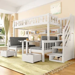 Lit Mezzanine 90 x 200 cm - avec Bureau et Lit Supplémentaire 2-en-1, Échelle de Rangement - Pin et MDF - Sans Matelas - Blanc><noscript><img width=
