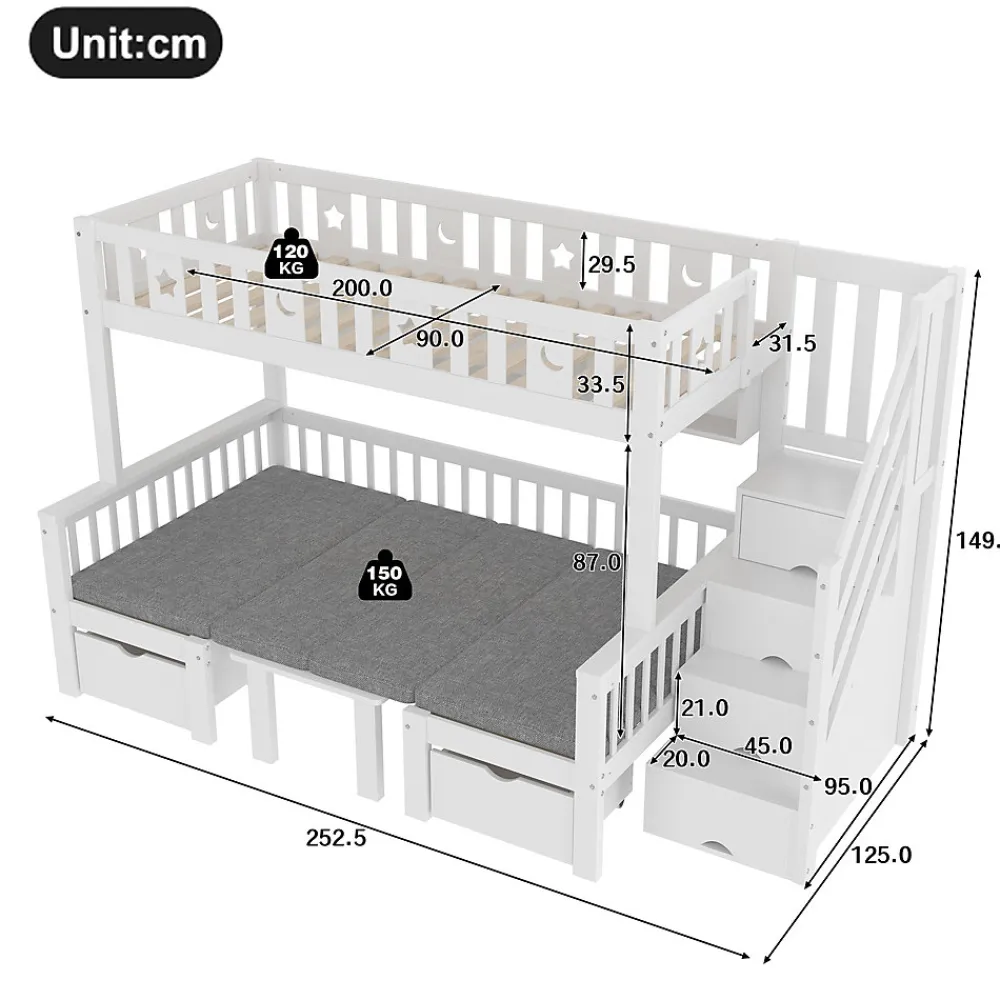 Lit Mezzanine 90 x 200 cm - avec Bureau et Lit Supplémentaire 2-en-1, Échelle de Rangement - Pin et MDF - Sans Matelas - Blanc>Okwish Online