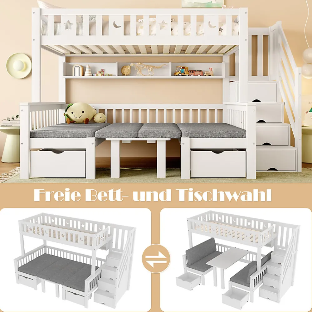 Lit Mezzanine 90 x 200 cm - avec Bureau et Lit Supplémentaire 2-en-1, Échelle de Rangement - Pin et MDF - Sans Matelas - Blanc>Okwish Online