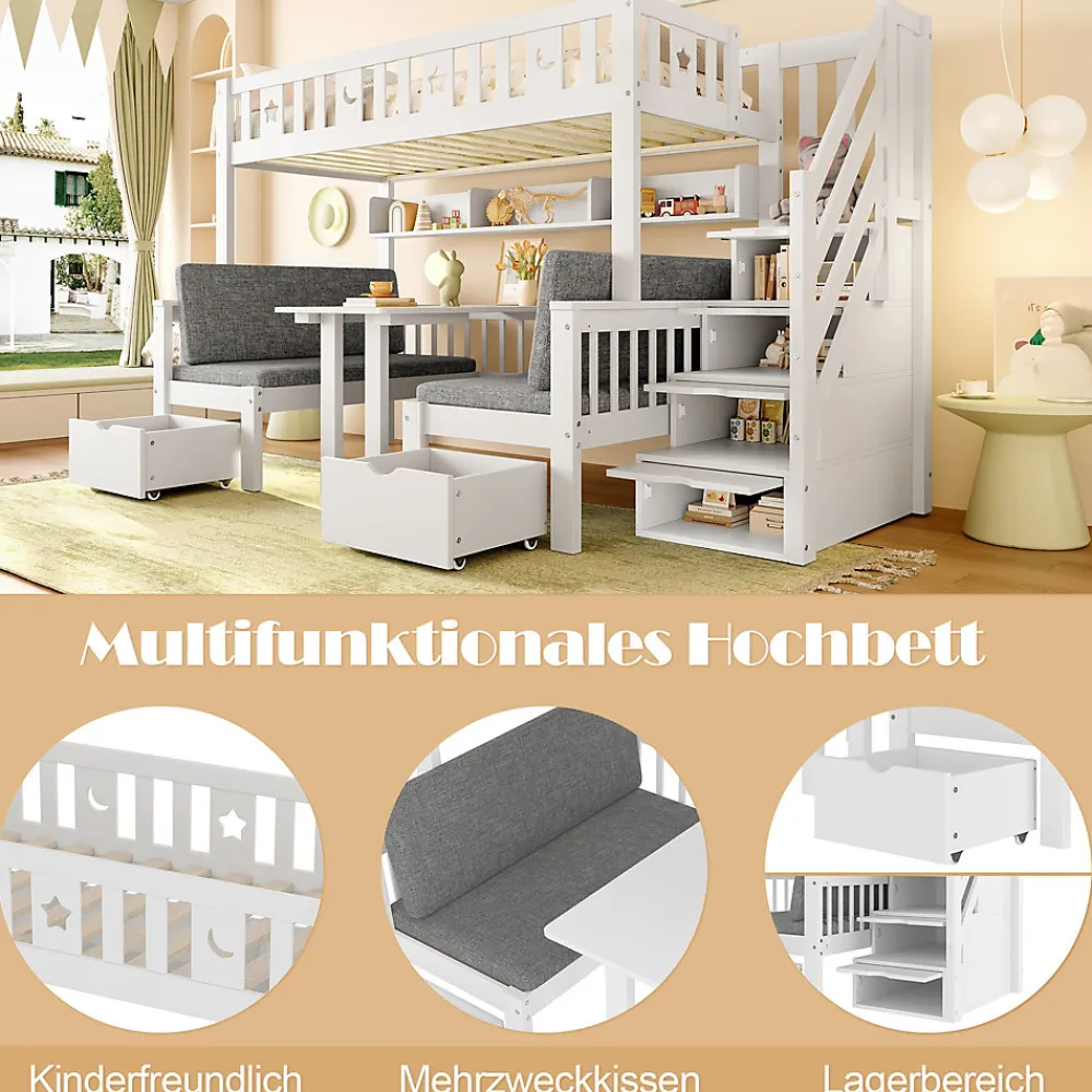 Lit Mezzanine 90 x 200 cm - avec Bureau et Lit Supplémentaire 2-en-1, Échelle de Rangement - Pin et MDF - Sans Matelas - Blanc>Okwish Online