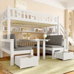Lit Mezzanine 90 x 200 cm - avec Bureau et Lit Supplémentaire 2-en-1, Échelle de Rangement - Pin et MDF - Sans Matelas - Blanc><noscript><img width=