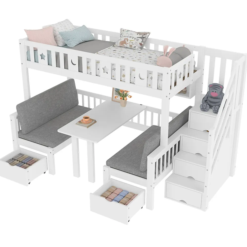 Lit Mezzanine 90 x 200 cm - avec Bureau et Lit Supplémentaire 2-en-1, Échelle de Rangement - Pin et MDF - Sans Matelas - Blanc>Okwish Online