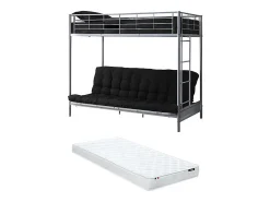 Vente-unique Lit mezzanine 90 x 190 cm - Avec banquette convertible - Métal - Argent + Futon + Matelas - MODULO V* Lit Mezzanine