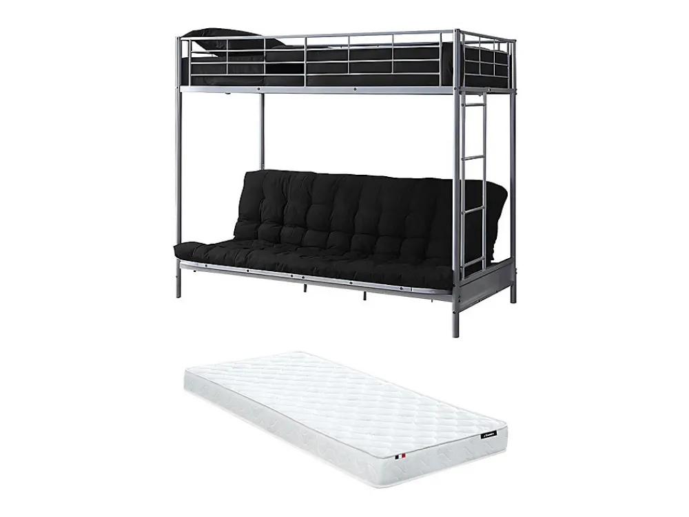 Vente-unique Lit mezzanine 90 x 190 cm - Avec banquette convertible - Métal - Argent + Futon + Matelas - MODULO V* Lit Mezzanine